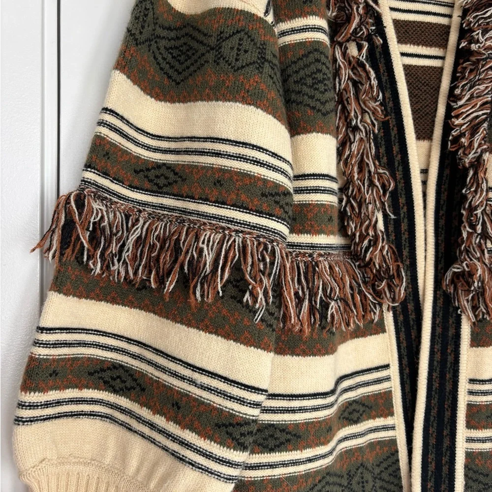 Saints & Hearts Southwestern Fringe Brown Cream Cardigan Duster Boho Aztec M/L - Picture 4 of 9